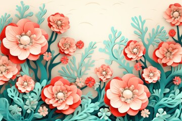 Teal vector illustration cute aesthetic old coral paper with cute coral flowers