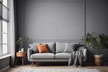 Retro style in beautiful living room interior with grey wall