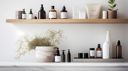 Fototapeta na wymiar A well-organized bathroom shelf with natural skincare products, emphasizing a clean and conscious approach to beauty