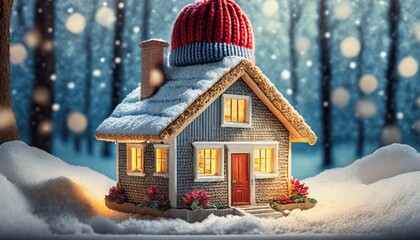 house with red cap and snow 