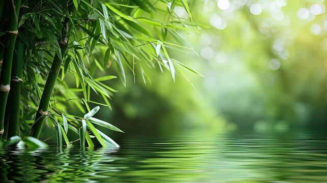 Fototapeta Bamboo background - lush foliage with reflection on the water. Close-up. Lush bamboo leaves, a symphony of green.