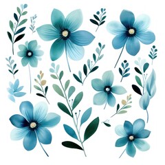 Fototapeta na wymiar Teal several pattern flower, sketch, illust, abstract watercolor