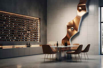 living space with a sculptural wall mounted wine cellar - obrazy, fototapety, plakaty