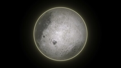 Realistic, neon light spinning Moon isolated on the black background illustration.