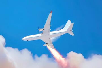 Passenger airplane on the fire the blue sky, malfunctioned airbus