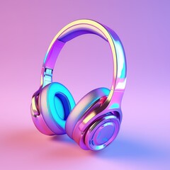 Silver metallic white wireless bluetooth headphones on neon light abstract background. Trendy minimal luxury music portable device. New technologies concept