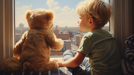 Little boy sitting on windowsill with soft dog toy - obrazy, fototapety, plakaty