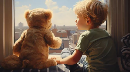 Foto op Canvas Little boy sitting on windowsill with soft dog toy © Abu