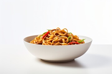 Minimalist composition featuring a bowl of stir-fried yaki udon noodles on a clean, white background
