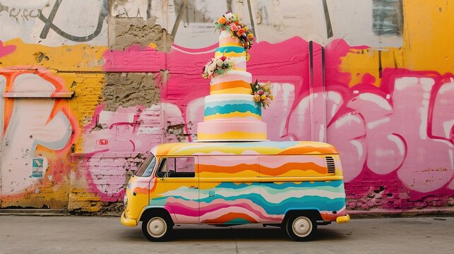 Colorful retro minivan loaded with a huge multi-colored cake. Cake delivery. 