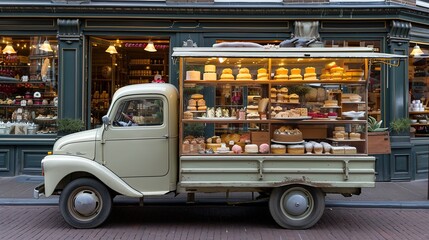 Old transparent mini truck fully loaded with cakes. Food truck vehicle - cakes store. Delivery