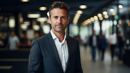 Portrait of handsome businessman standing in office lobby, looking at camera.