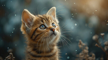 simpatico sfondo con gattino curioso , con sfondo sfocato ed effetti bokeh, wallpaper con cucciolo di gatto e luce radiosa,