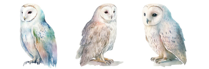 White polar owl. Watercolor clipart in pastel colors.