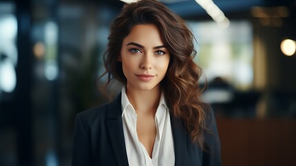 Naklejka premium Portrait of a beautiful young brunette woman in a business suit.