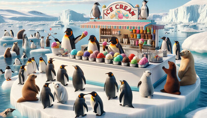an illustration of a Penguins' Ice Cream Parlor: Penguins running an ice cream parlor on an iceberg, serving a variety of colorful ice cream flavors to a diverse array of arctic animals. - obrazy, fototapety, plakaty