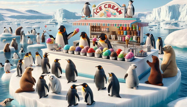 an illustration of a Penguins' Ice Cream Parlor: Penguins running an ice cream parlor on an iceberg, serving a variety of colorful ice cream flavors to a diverse array of arctic animals.