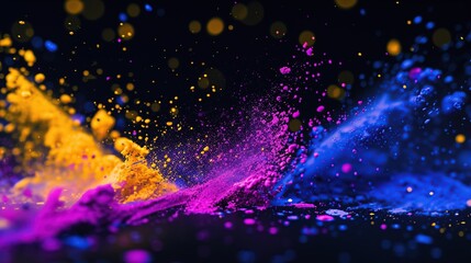neon violet strokes, neon blue paint stains, yellow powder explosion, black background, out of...