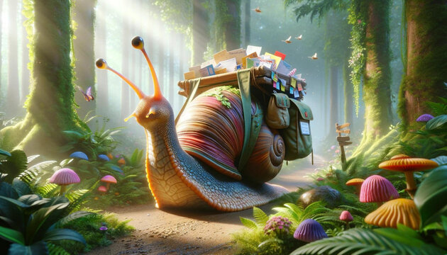 an illustration of Giant Snail Mail Delivery: A giant snail acting as a mail carrier, with a saddlebag full of letters and parcels, moving through a whimsical forest.