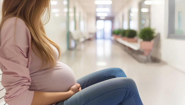 Mid section of pregnant woman sitting in white hospital corridor
