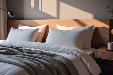 Bedroom interior with bed, linen beige bedding. Sunlight with long shadows on wall. Modern style bedroom interior design