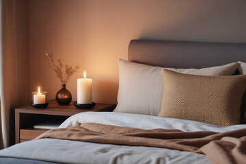 Bedroom interior with bed and pillows close-up, linen beige bedding. Burning candles on the nightstand, a cozy atmosphere. Modern style bedroom interior design