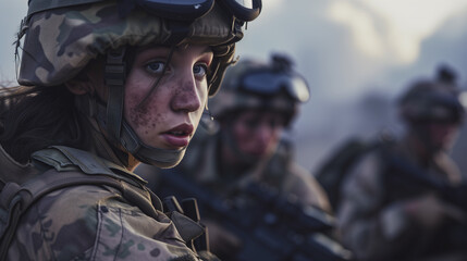Young white female army soldier fighting at war. AI generated - obrazy, fototapety, plakaty