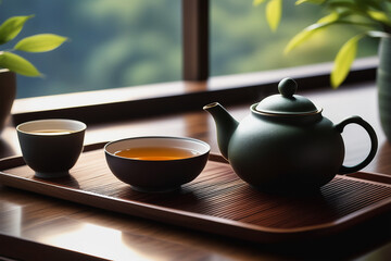 Authentic tea ceremony. Stylish minimalist still life with gren teapot and cups on wooden table. Sun light shadows.