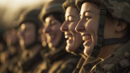 Candid row of female army soldiers smiling. AI generated - obrazy, fototapety, plakaty