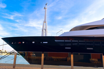 View of frontal section of luxury yachts in the port 