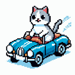 Cat riding a cabriole in pixel art style