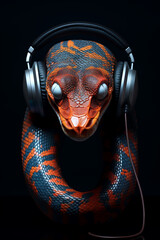 Snake with headphones. Snake listening to music