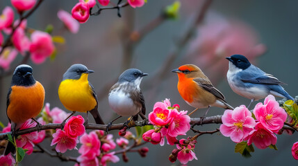 Fototapeta premium Colorful Bird. Songbird in Cherry Blossoms