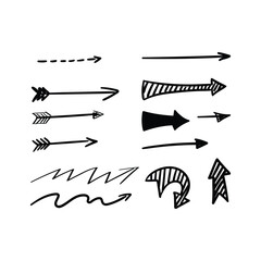 Drawn Arrow Sign Black Thin Line Icon Set Symbol of Direction. Vector illustration of Arrows Signs Freehand Curved Lines