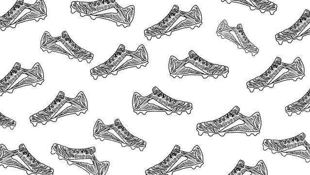 Animation with several soccer cleats in black pencil line on a white background, cartoon, art.