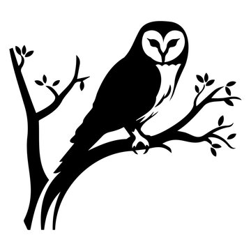 barn owl on branch icon illustration, barn owl on branch silhouette logo svg vector