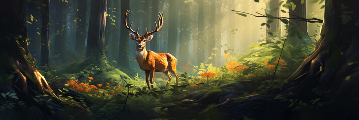 Illustration of a deer in a forest - obrazy, fototapety, plakaty