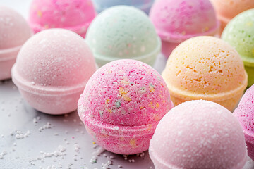 Beautiful fizzy multicolored bath bombs. Round multicolored balls for bathing and relaxation. Handmade aromatic bath bomb. Colorful and fizzy, round multicolored, handmade aromatic balls