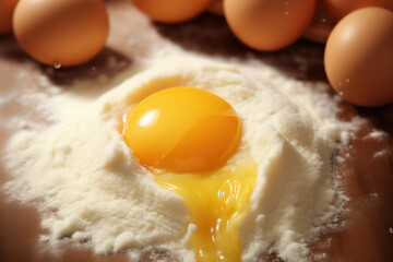 Raw egg yolk nestled in a soft mound of white flour, highlighting ingredients for baking - obrazy, fototapety, plakaty