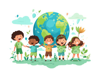 Obraz na płótnie Canvas Illustration of joyful children holding hands around a vibrant Earth globe for Earth Day