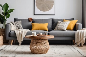 boho compostion at living room interior with design gray sofa, wooden coffee table, commode and elegant personal accessories. Honey yellow pillow and plaid