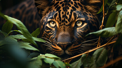 The leopard hiding in the jungle foliage