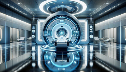Futuristic medical facility with an advanced MRI scanner, sleek design, and illuminated blue lighting.Concept of modern medicine. AI generated.