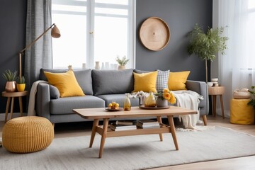 boho compostion at living room interior with design gray sofa, wooden coffee table, commode and elegant personal accessories. Honey yellow pillow and plaid