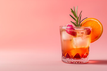 Cold grapefruit cocktail with slices of fresh grapefruit decorated twig rosemary. A refreshing summer mocktail. Summer cold cocktail with ice cubes, juice and slices grapefruit onpink background.