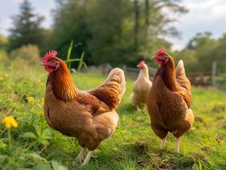 Sustainable Eco Life Idea. Free-range Hens Graze on Green Grass in the Countryside. Happy Chickens.