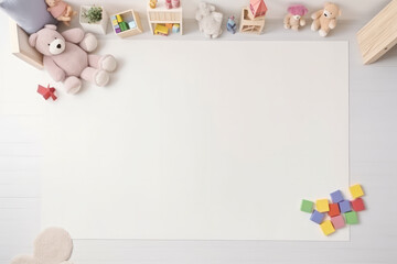 Fototapeta na wymiar Bright children's playroom featuring a large blank canvas, surrounded by soft toys and wooden toys