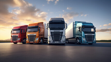 Logistics and transport trucks driving in formation on an open highway during a beautiful sunset
