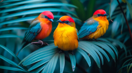 Vibrant Birds Amidst Palm Trees