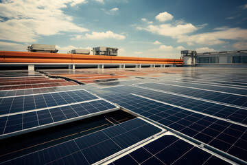 Rooftop solar panels installed on modern apartment buildings in an urban setting for sustainable